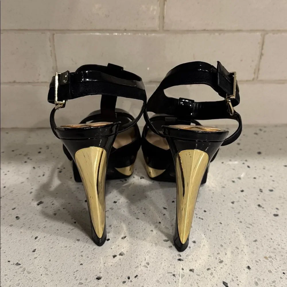 Gianni Bini Elegant Black and Gold Platform Special Occasion Heels Open Toe 8.5